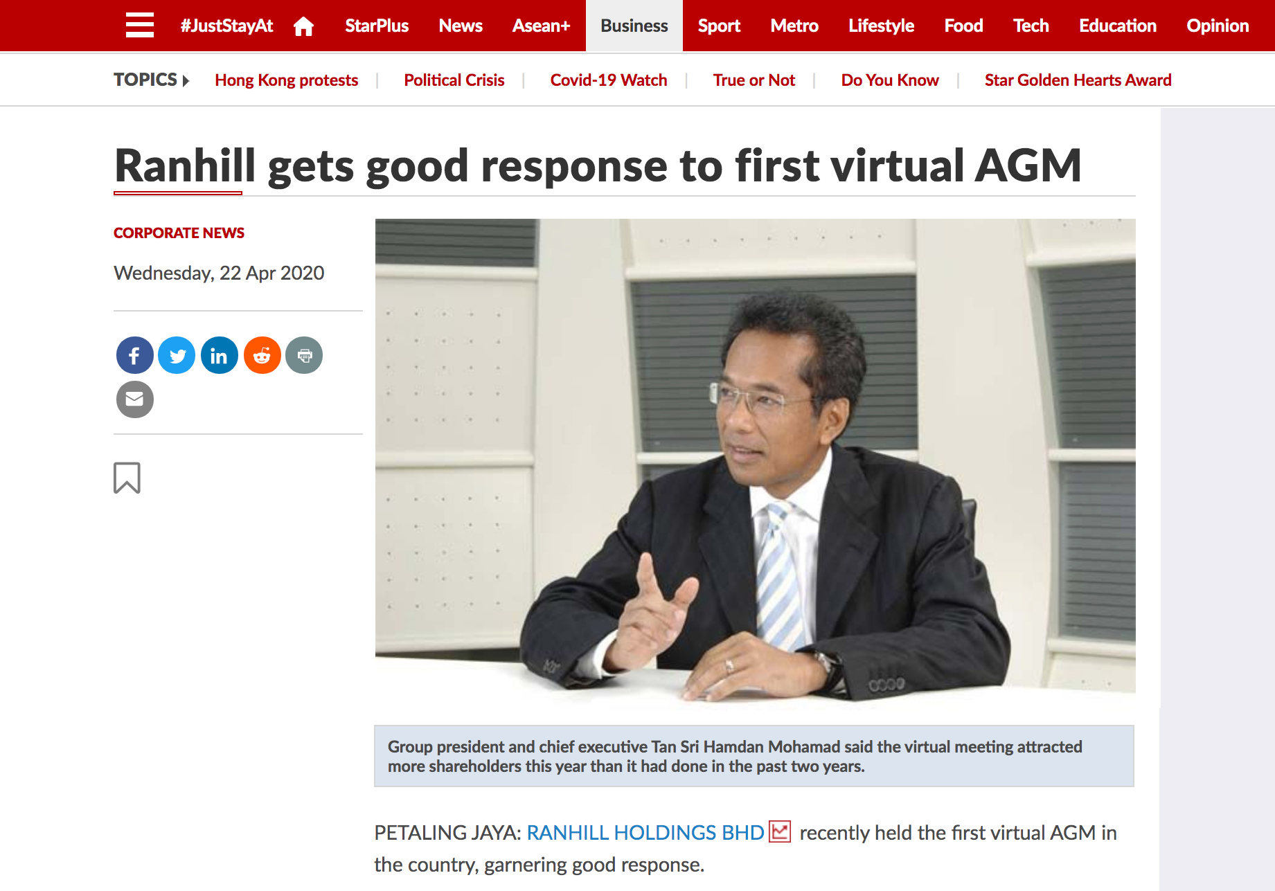 Malaysia First Virtual Annual General Meeting - Ranhill Holdings Bhd